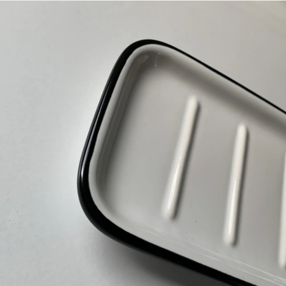 Hearth And Hand White Glazed Stonware Soap Dish with Black Trim